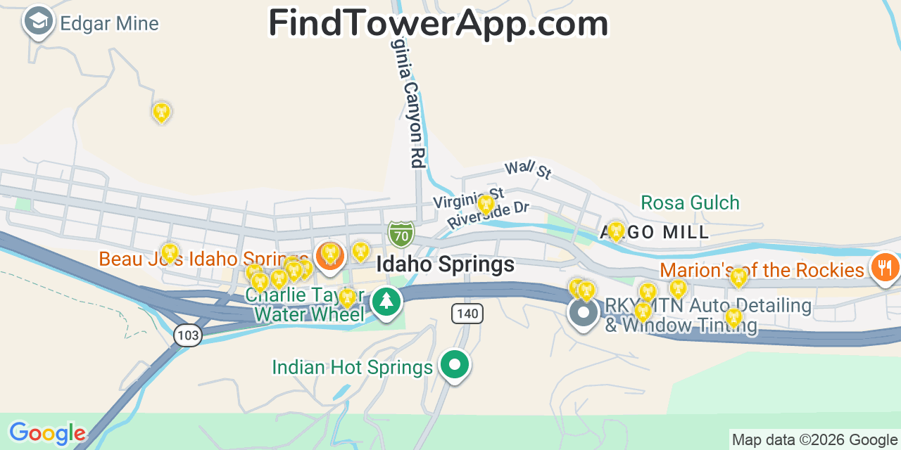 Map showing the 20 primary cell tower locations detected in Idaho Springs, Colorado from AT&T, Verizon, and T-Mobile networks