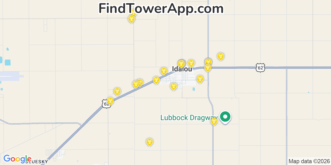 Map showing the 20 primary cell tower locations detected in Idalou, Texas from AT&T, Verizon, and T-Mobile networks