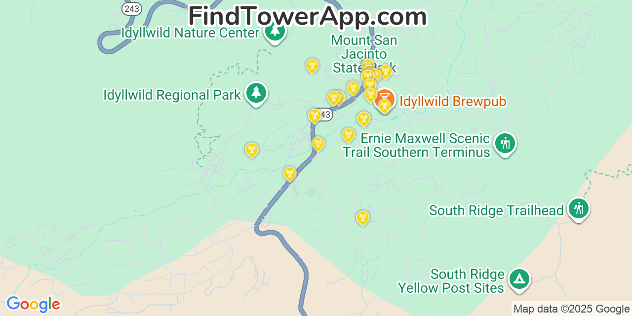 Map showing the 20 primary cell tower locations detected in Idyllwild, California from AT&T, Verizon, and T-Mobile networks