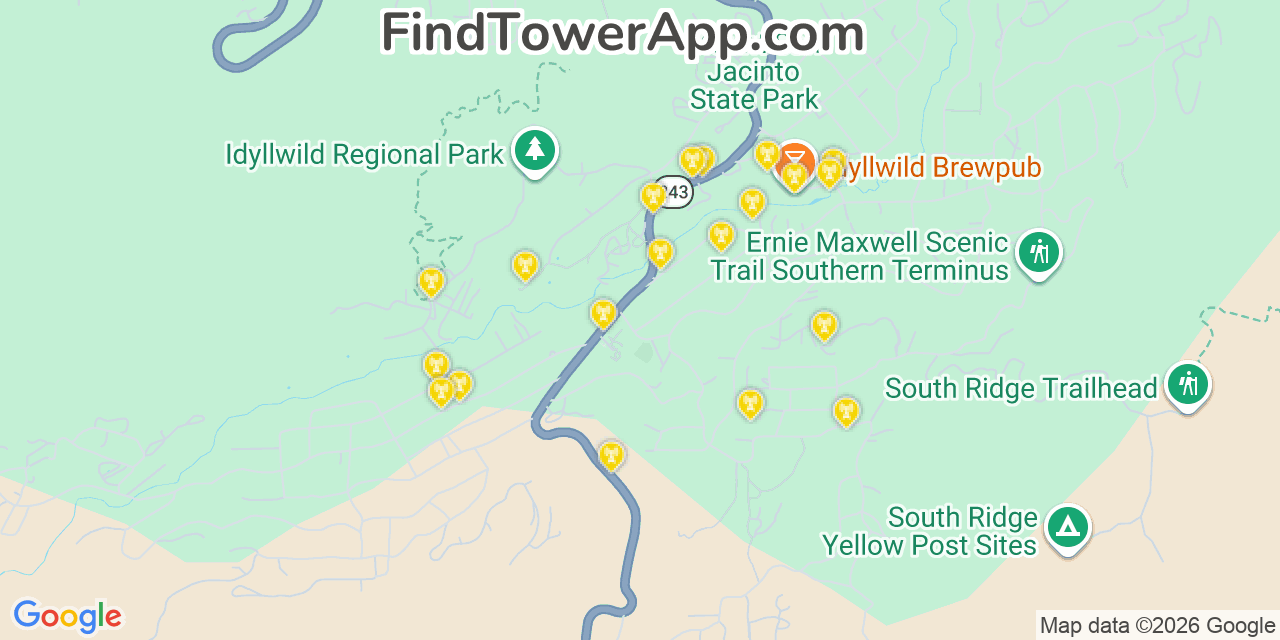 Map showing the 20 primary cell tower locations detected in Idyllwild, California from AT&T, Verizon, and T-Mobile networks