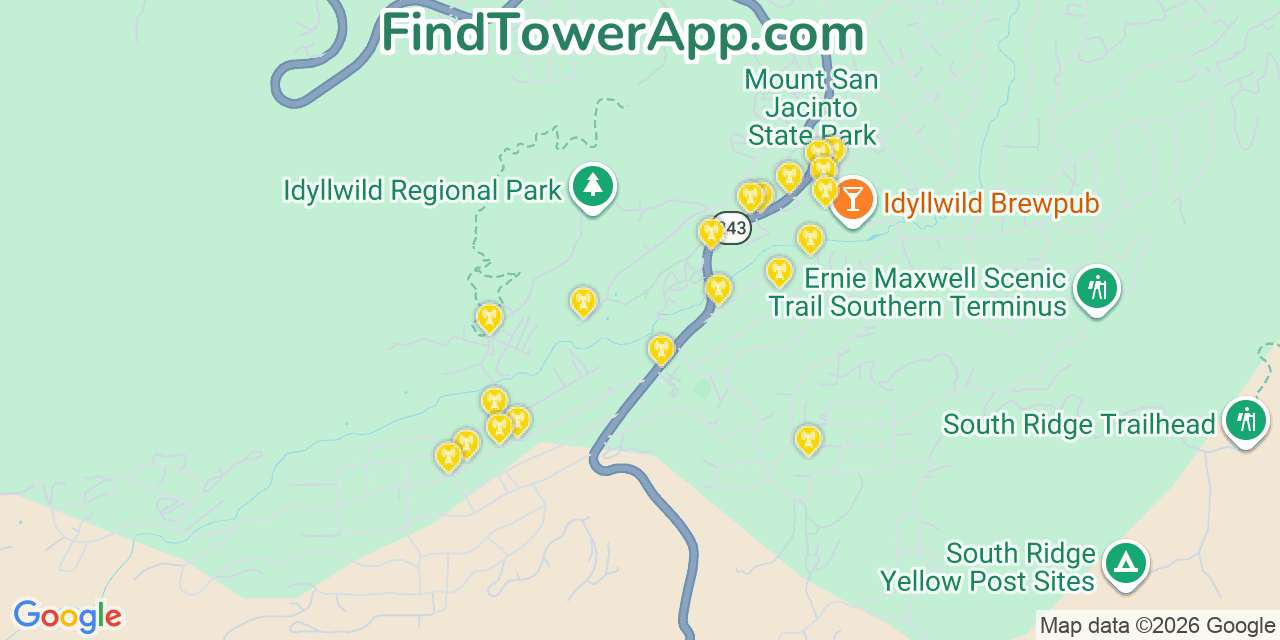 Map showing the 20 primary cell tower locations detected in Idyllwild Pine Cove, California from AT&T, Verizon, and T-Mobile networks