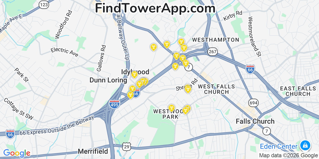 Map showing the 20 primary cell tower locations detected in Idylwood, Virginia from AT&T, Verizon, and T-Mobile networks