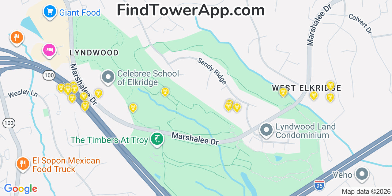 Map showing the 20 primary cell tower locations detected in Ilchester, Maryland from AT&T, Verizon, and T-Mobile networks
