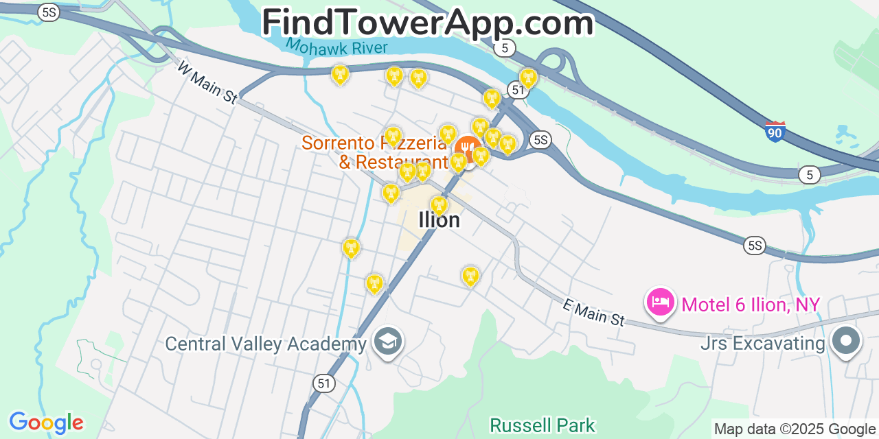 Map showing the 20 primary cell tower locations detected in Ilion, New York from AT&T, Verizon, and T-Mobile networks