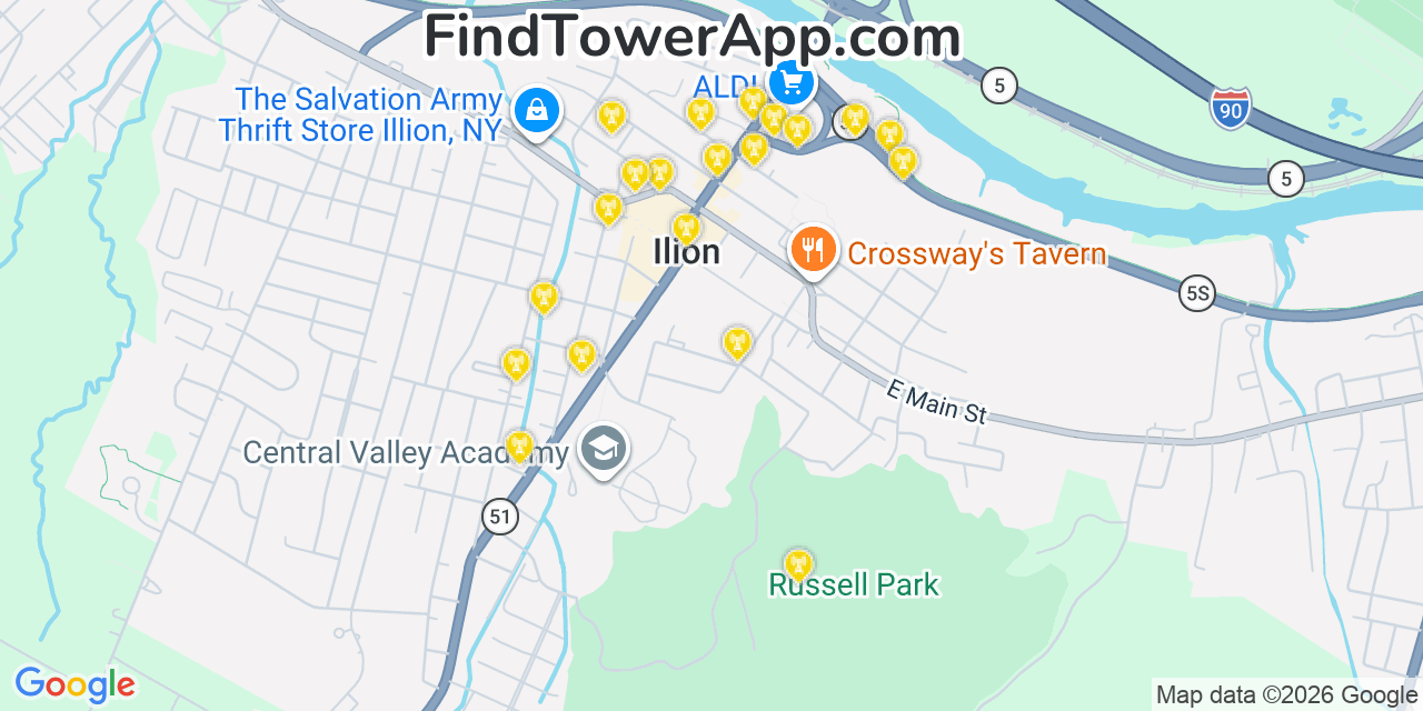 Map showing the 20 primary cell tower locations detected in Ilion, New York from AT&T, Verizon, and T-Mobile networks