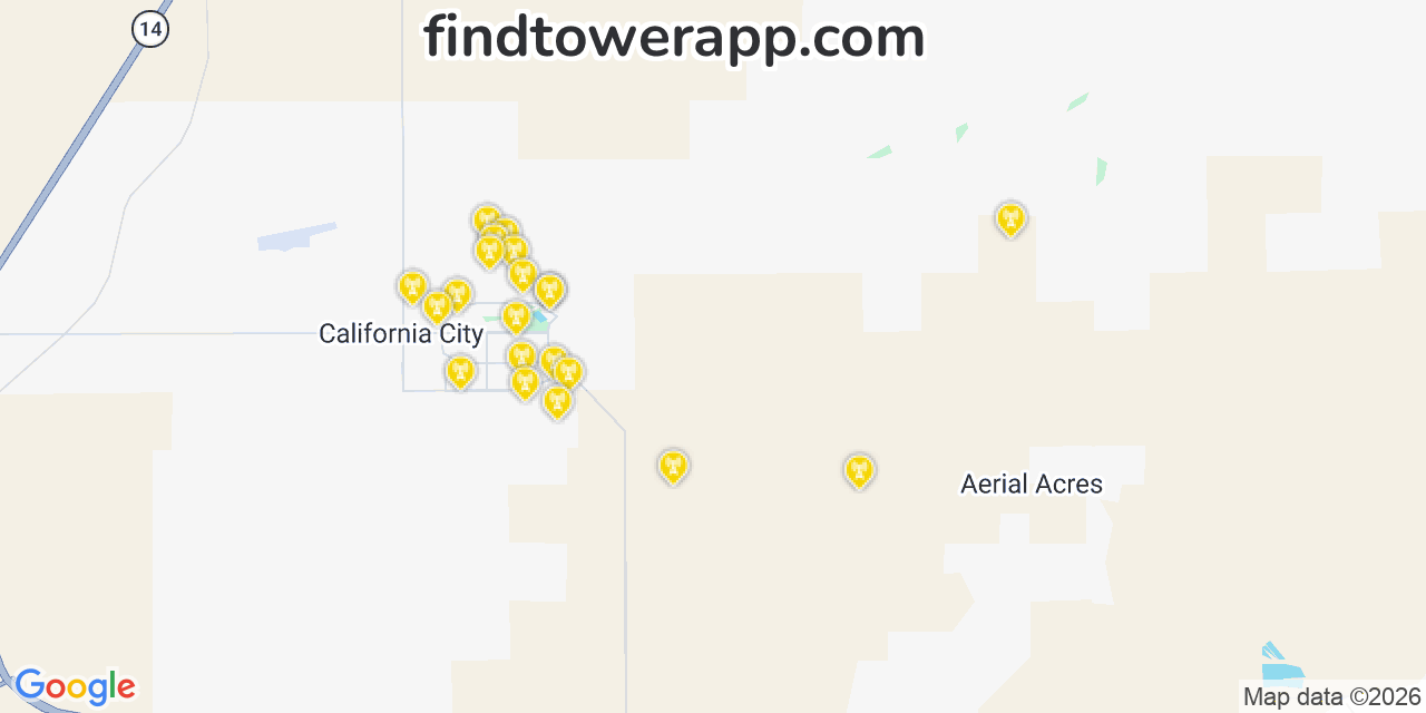 Map showing the 21 primary AT&T cell tower locations detected in Img, California with coverage radius and signal strength indicators