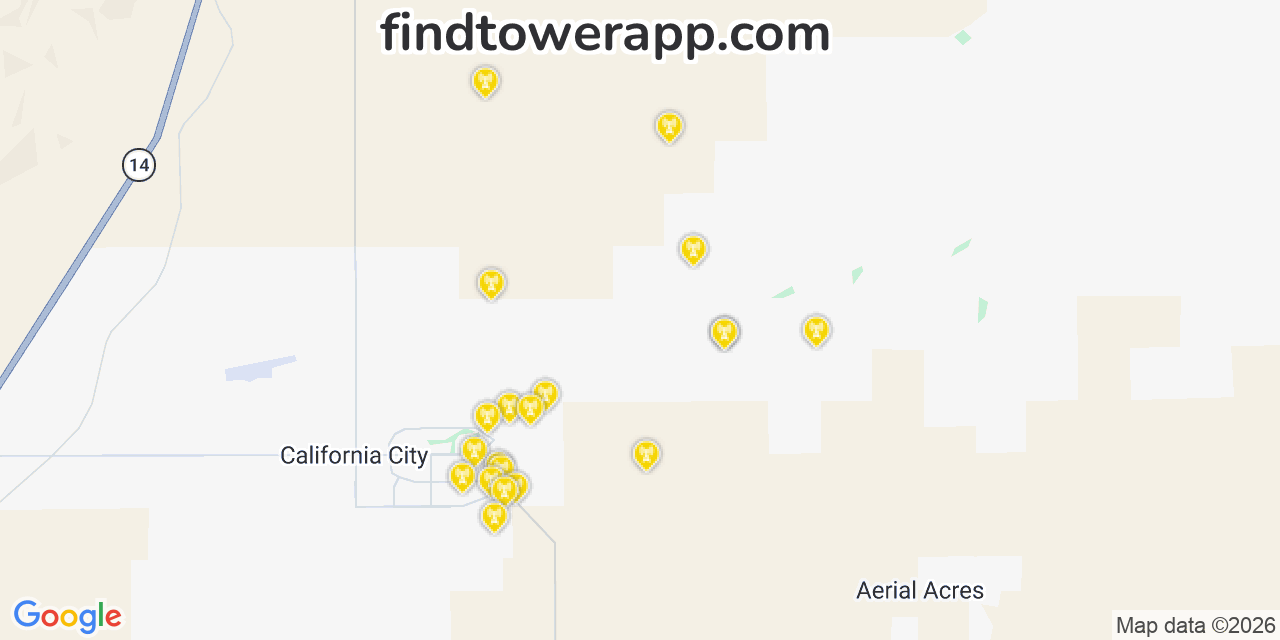 Map showing the 20 primary cell tower locations detected in Img, California from AT&T, Verizon, and T-Mobile networks