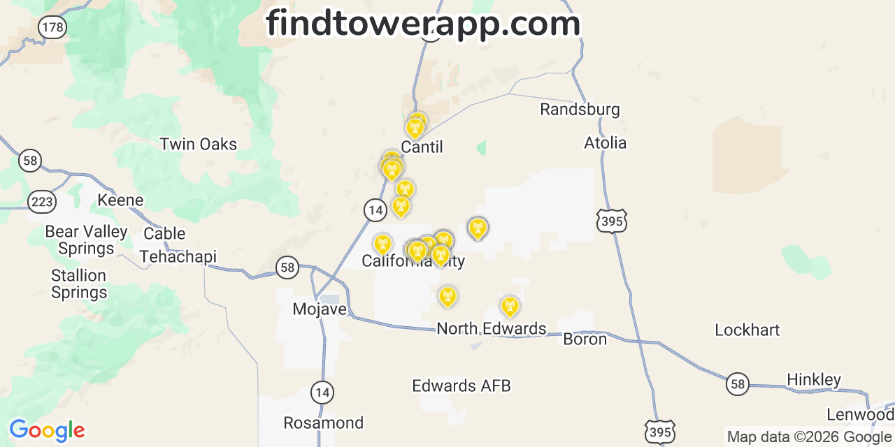 Map showing the 25 primary Verizon cell tower locations detected in Img, California with coverage radius and signal strength indicators