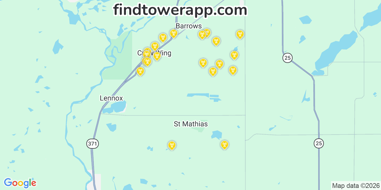 Map showing the 20 primary AT&T cell tower locations detected in Img, Minnesota with coverage radius and signal strength indicators
