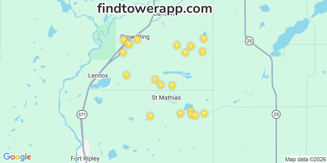 Map showing the 20 primary cell tower locations detected in Img, Minnesota from AT&T, Verizon, and T-Mobile networks