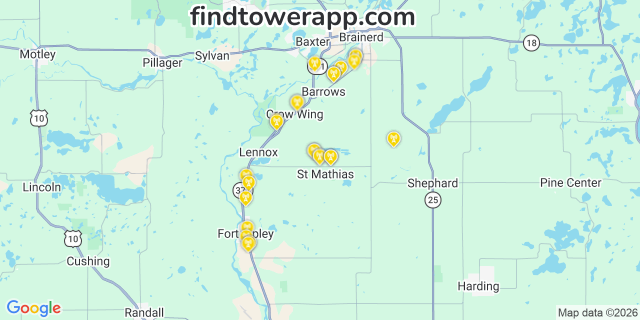 Map showing the 25 primary Verizon cell tower locations detected in Img, Minnesota with coverage radius and signal strength indicators