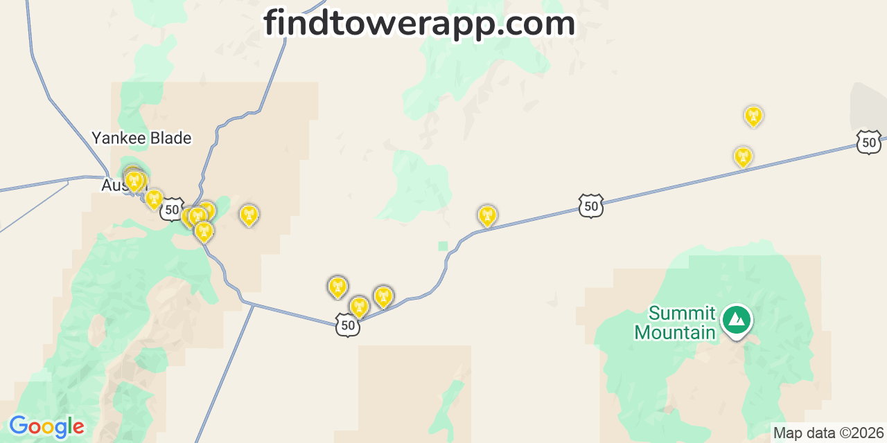 Map showing the 33 primary AT&T cell tower locations detected in Img, Nevada with coverage radius and signal strength indicators