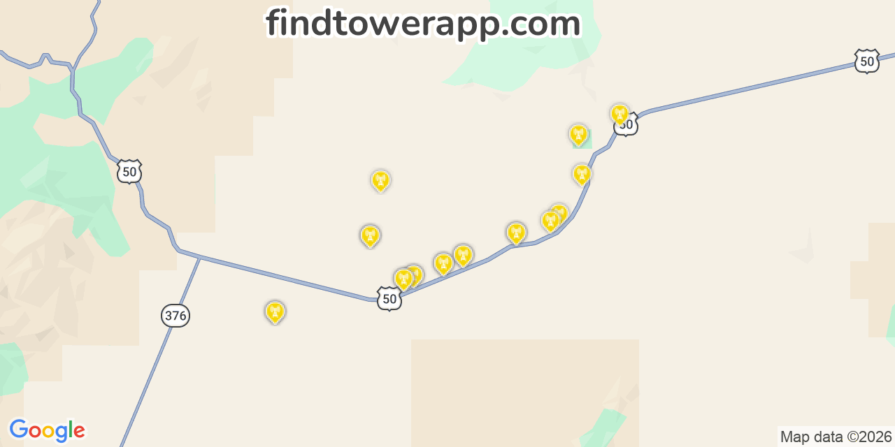 Map showing the 20 primary cell tower locations detected in Img, Nevada from AT&T, Verizon, and T-Mobile networks