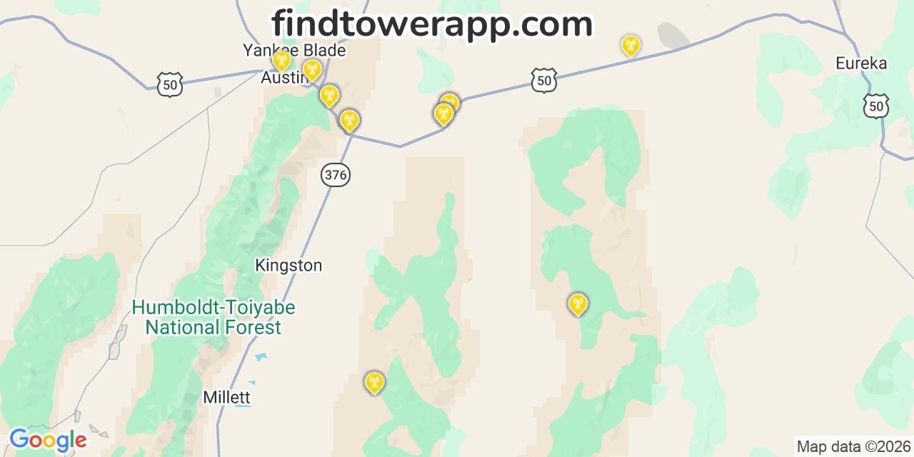 Map showing the 25 primary T-Mobile cell tower locations detected in Img, Nevada with coverage radius and signal strength indicators