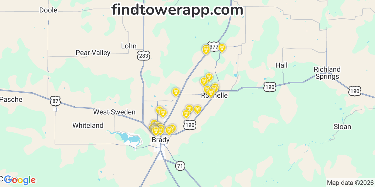 Map showing the 30 primary AT&T cell tower locations detected in Img, Texas with coverage radius and signal strength indicators