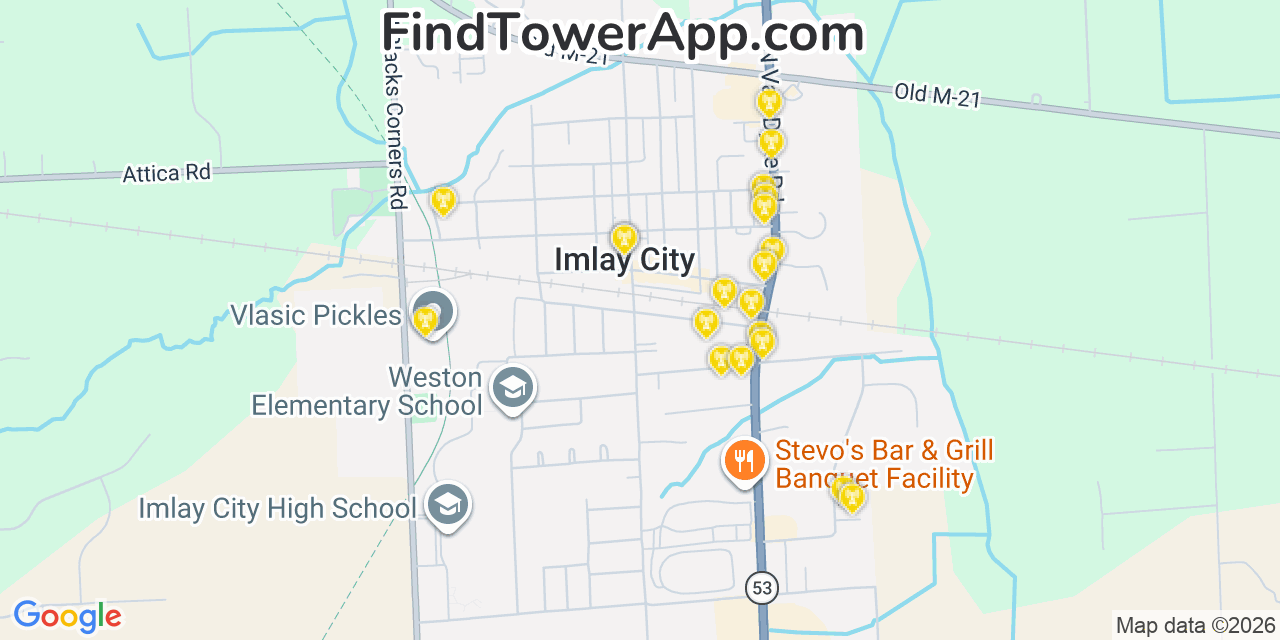 Map showing the 20 primary cell tower locations detected in Imlay City, Michigan from AT&T, Verizon, and T-Mobile networks