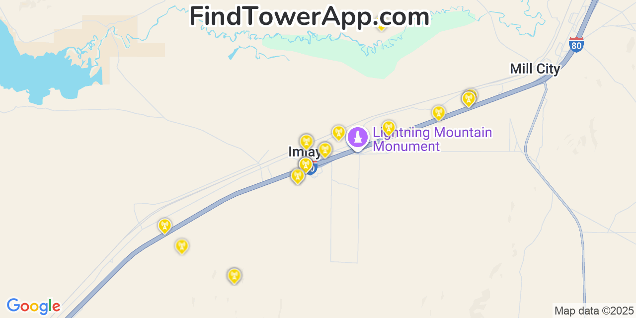 Map showing the 20 primary cell tower locations detected in Imlay, Nevada from AT&T, Verizon, and T-Mobile networks
