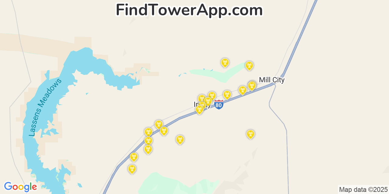 Map showing the 20 primary Verizon cell tower locations detected in Imlay, Nevada with coverage radius and signal strength indicators