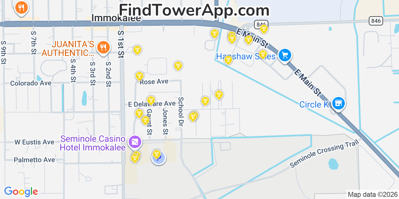 Map showing the 20 primary cell tower locations detected in Immokalee, Florida from AT&T, Verizon, and T-Mobile networks