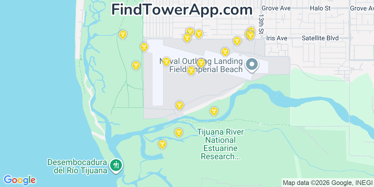 Map showing the 20 primary cell tower locations detected in Imperial Beach, California from AT&T, Verizon, and T-Mobile networks