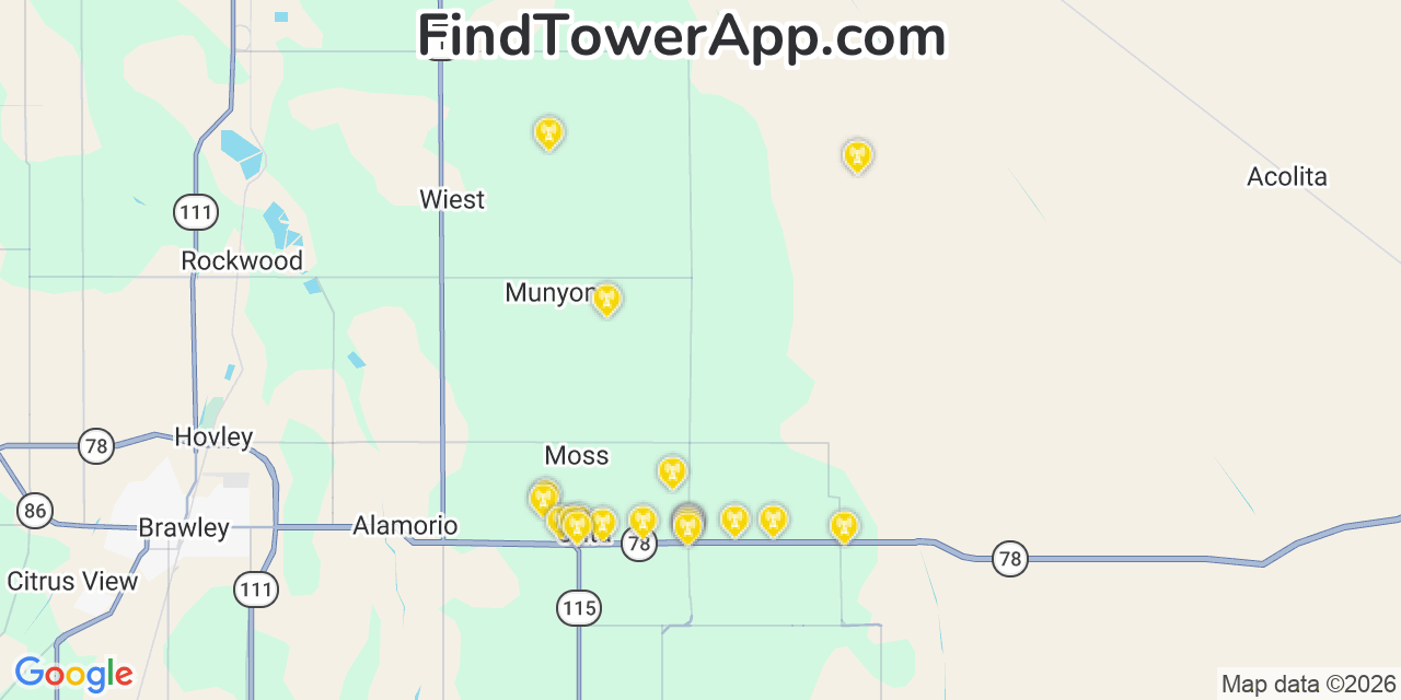 Map showing the 20 primary cell tower locations detected in Imperial, California from AT&T, Verizon, and T-Mobile networks