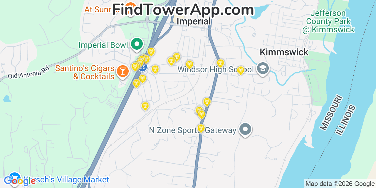 Map showing the 20 primary cell tower locations detected in Imperial, Missouri from AT&T, Verizon, and T-Mobile networks