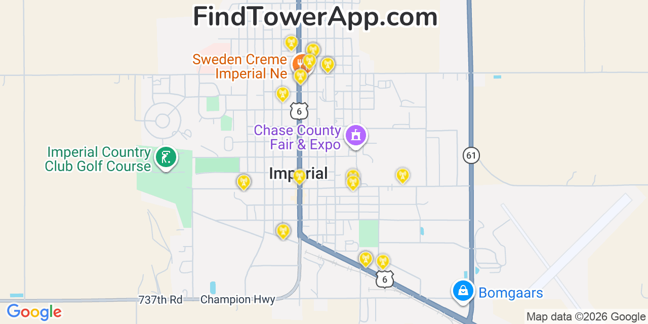 Map showing the 20 primary cell tower locations detected in Imperial, Nebraska from AT&T, Verizon, and T-Mobile networks
