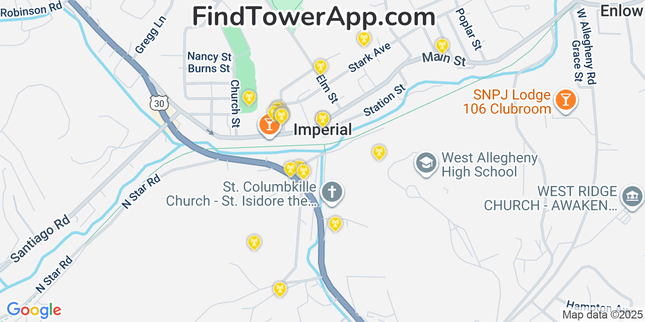 Map showing the 20 primary cell tower locations detected in Imperial, Pennsylvania from AT&T, Verizon, and T-Mobile networks