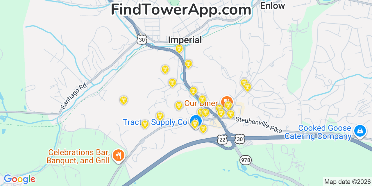 Map showing the 20 primary cell tower locations detected in Imperial, Pennsylvania from AT&T, Verizon, and T-Mobile networks