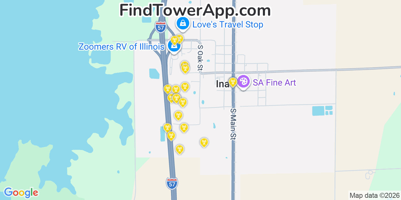Map showing the 20 primary cell tower locations detected in Ina, Illinois from AT&T, Verizon, and T-Mobile networks