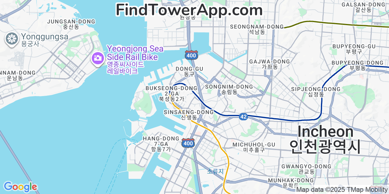 Map showing the 0 primary LG-U cell tower locations detected in Incheon, South Korea with coverage radius and signal strength indicators