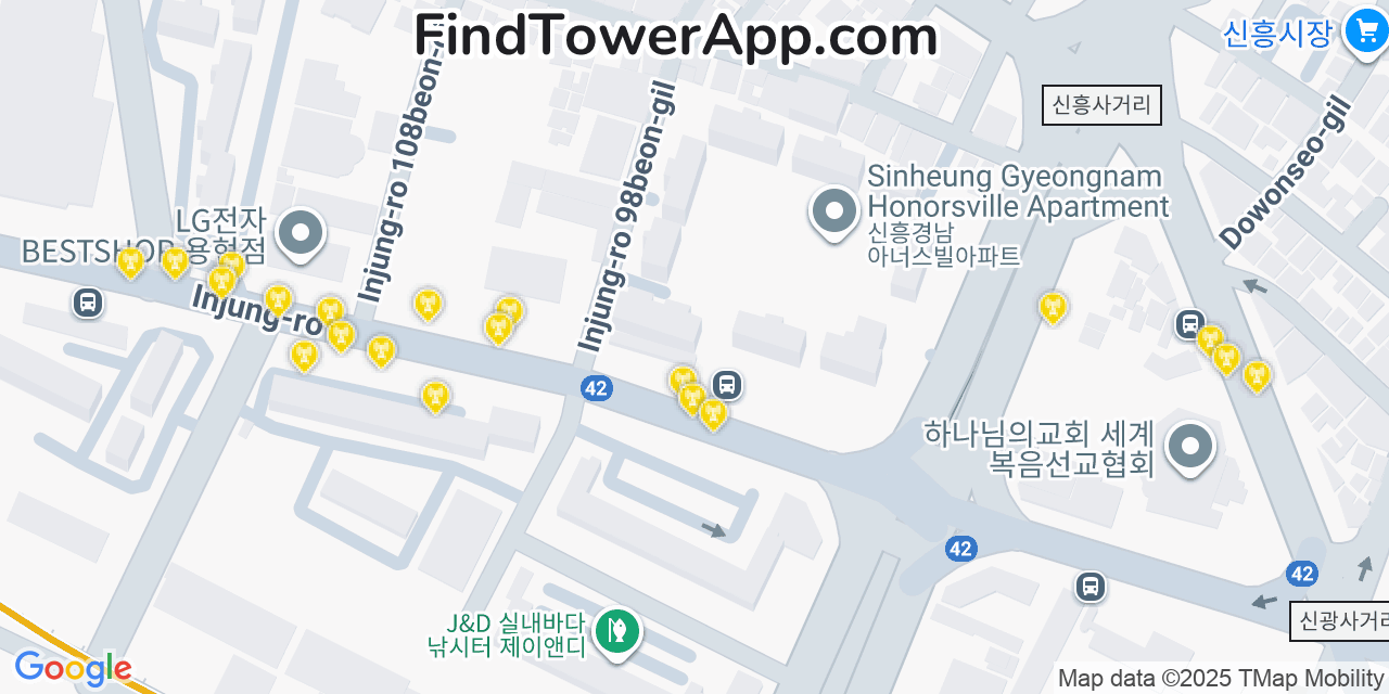 Map showing the 20 primary cell tower locations detected in Incheon, South Korea with coverage areas and signal strength