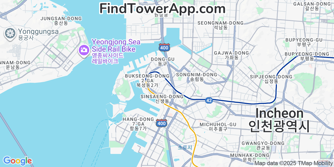 Map showing the 0 primary SK-Telecom cell tower locations detected in Incheon, South Korea with coverage radius and signal strength indicators