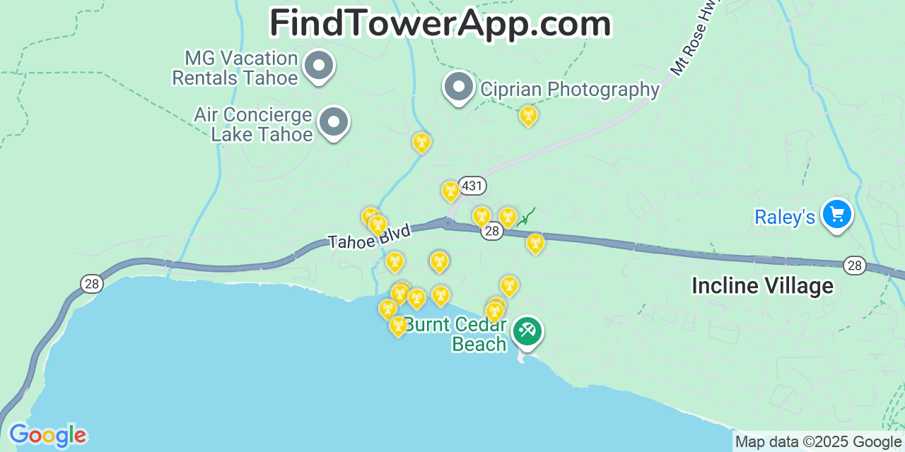 Map showing the 20 primary cell tower locations detected in Incline Village, Nevada from AT&T, Verizon, and T-Mobile networks