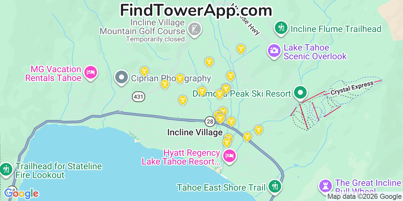 Map showing the 20 primary cell tower locations detected in Incline Village, Nevada from AT&T, Verizon, and T-Mobile networks
