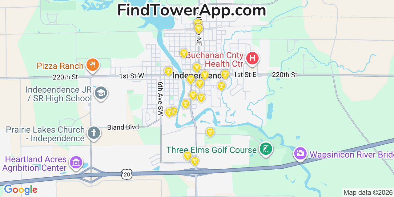 Map showing the 20 primary cell tower locations detected in Independence, Iowa from AT&T, Verizon, and T-Mobile networks