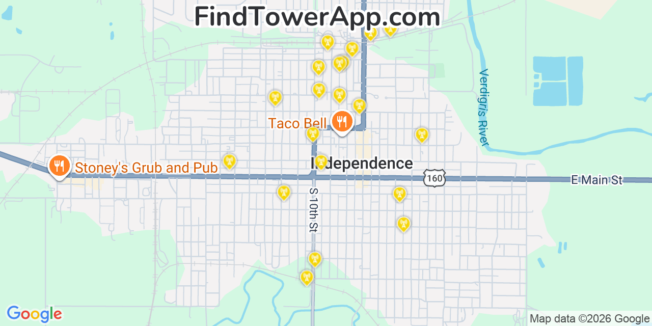 Map showing the 20 primary cell tower locations detected in Independence, Kansas from AT&T, Verizon, and T-Mobile networks