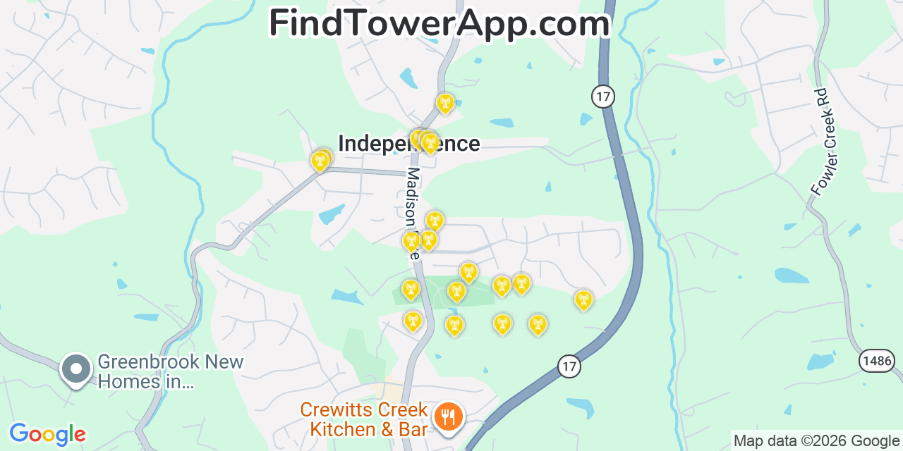 Map showing the 20 primary cell tower locations detected in Independence, Kentucky from AT&T, Verizon, and T-Mobile networks
