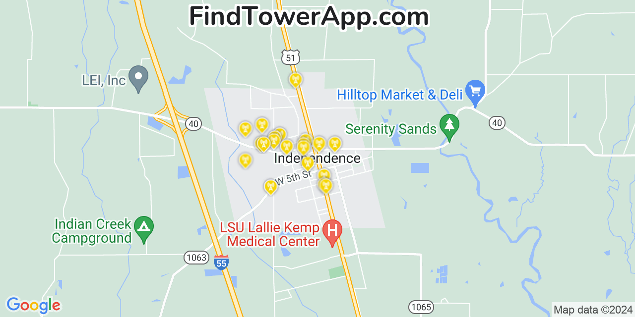 AT&T 4G/5G cell tower coverage map Independence, Louisiana