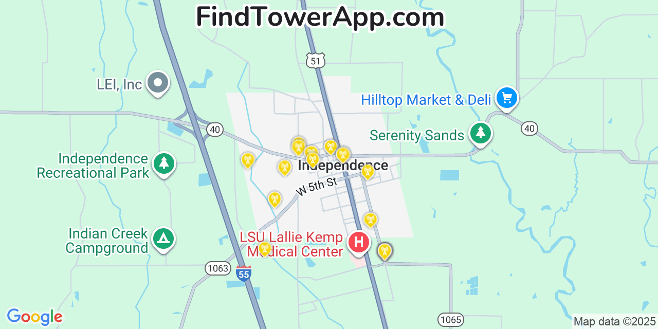 Map showing the 20 primary cell tower locations detected in Independence, Louisiana from AT&T, Verizon, and T-Mobile networks