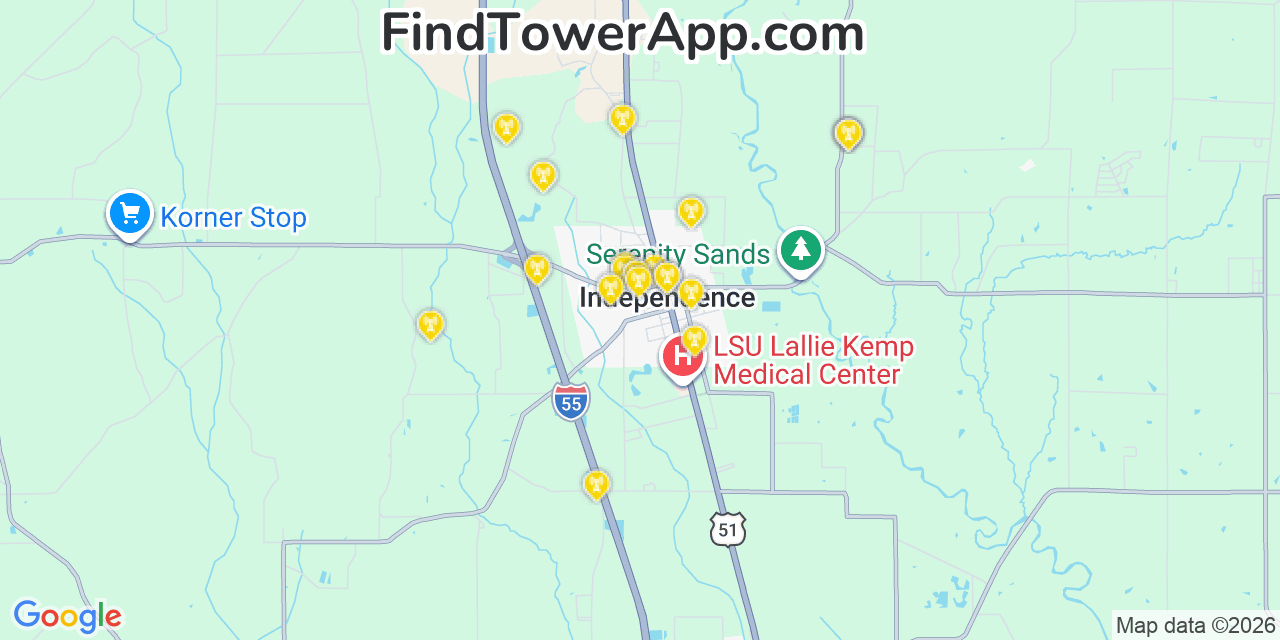 Map showing the 20 primary cell tower locations detected in Independence, Louisiana from AT&T, Verizon, and T-Mobile networks