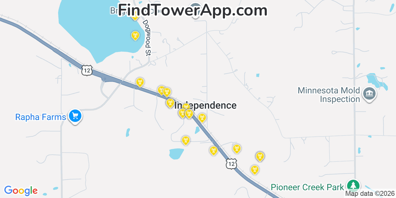 Map showing the 20 primary cell tower locations detected in Independence, Minnesota from AT&T, Verizon, and T-Mobile networks