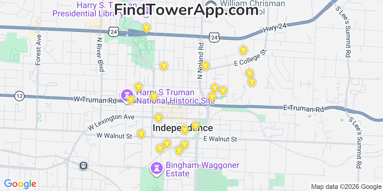 Map showing the 20 primary cell tower locations detected in Independence, Missouri from AT&T, Verizon, and T-Mobile networks