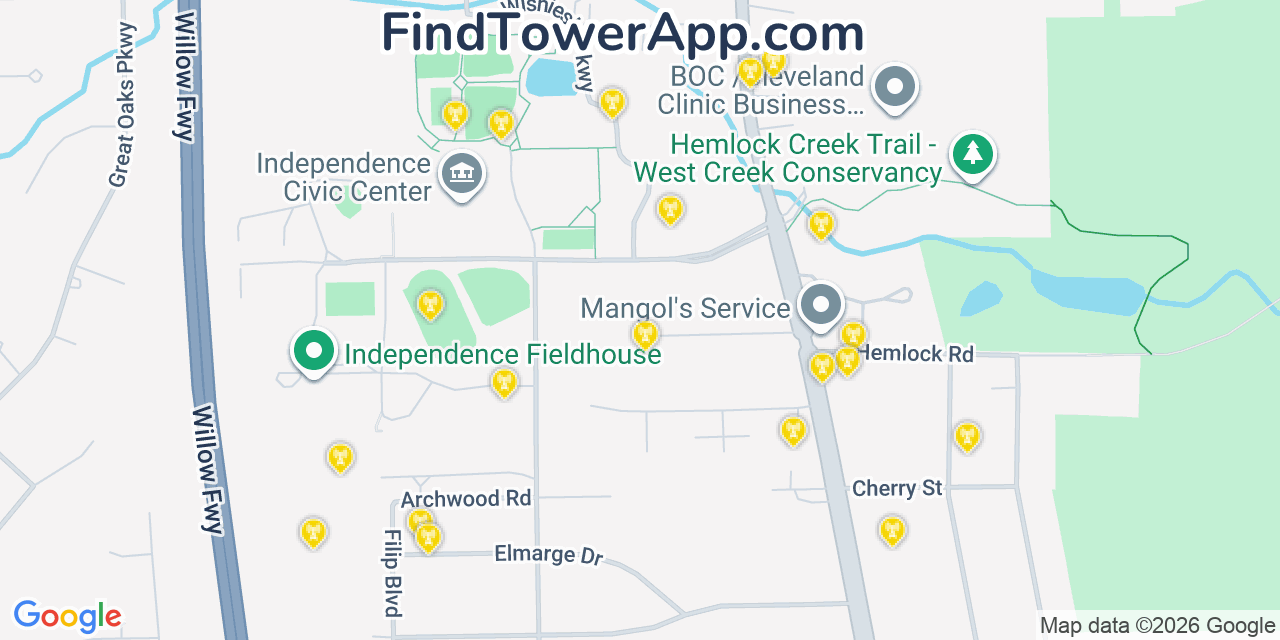Map showing the 20 primary cell tower locations detected in Independence, Ohio from AT&T, Verizon, and T-Mobile networks
