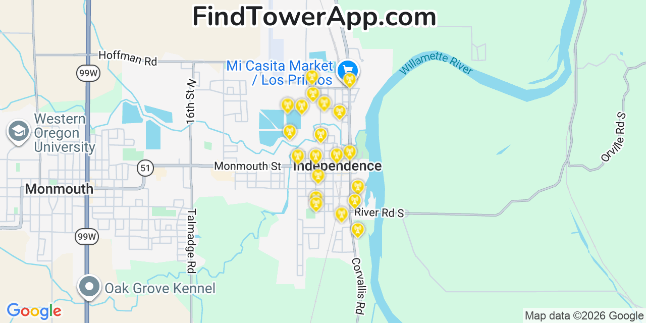 Map showing the 20 primary cell tower locations detected in Independence, Oregon from AT&T, Verizon, and T-Mobile networks