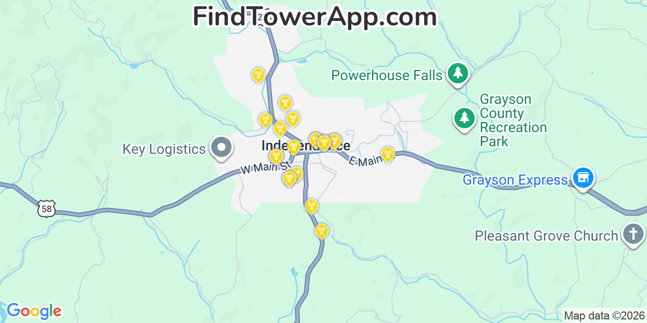Map showing the 20 primary cell tower locations detected in Independence, Virginia from AT&T, Verizon, and T-Mobile networks