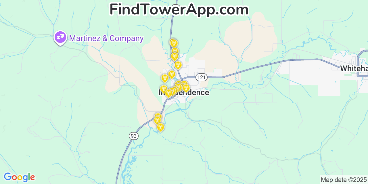 Map showing the 20 primary cell tower locations detected in Independence, Wisconsin from AT&T, Verizon, and T-Mobile networks