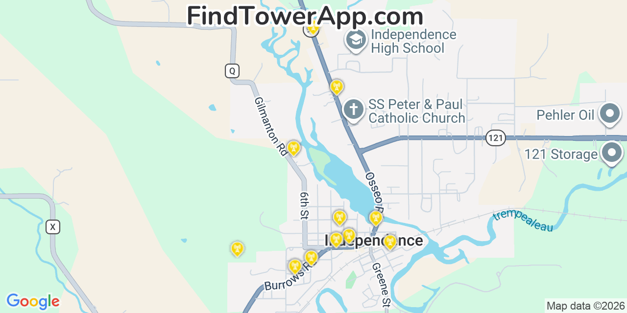 Map showing the 20 primary cell tower locations detected in Independence, Wisconsin from AT&T, Verizon, and T-Mobile networks