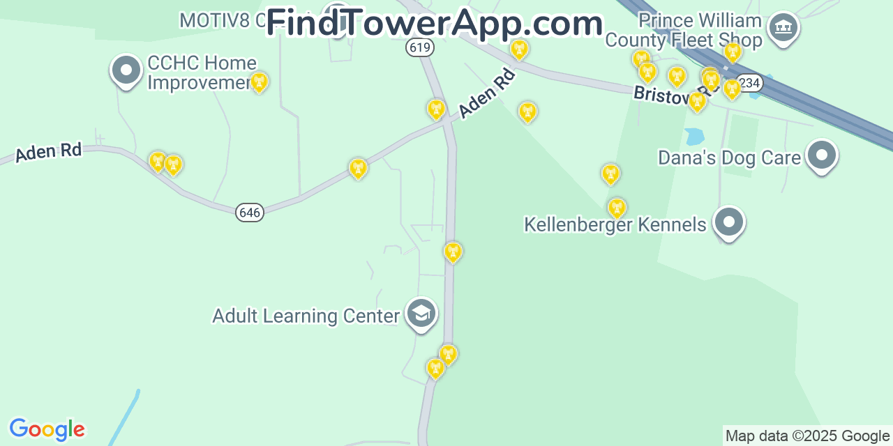 Map showing the 20 primary cell tower locations detected in Independent Hill, Virginia from AT&T, Verizon, and T-Mobile networks