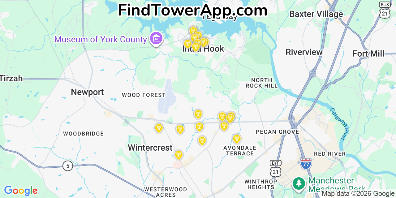 Map showing the 20 primary cell tower locations detected in India Hook, South Carolina from AT&T, Verizon, and T-Mobile networks